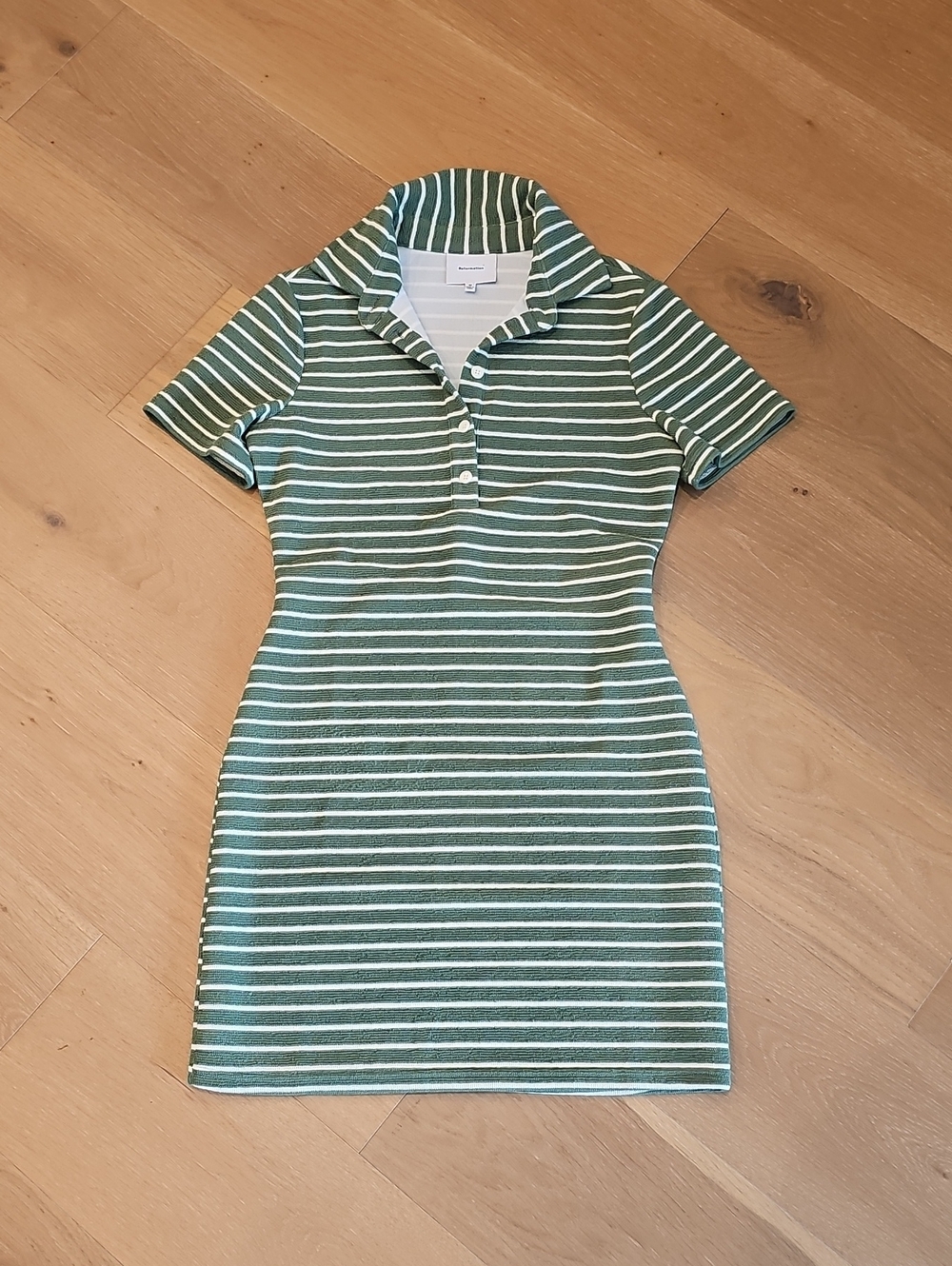 Reformation Elena Knit Mini Dress Green & White Stripe Polo Collar Size M - Picture 2 of 5